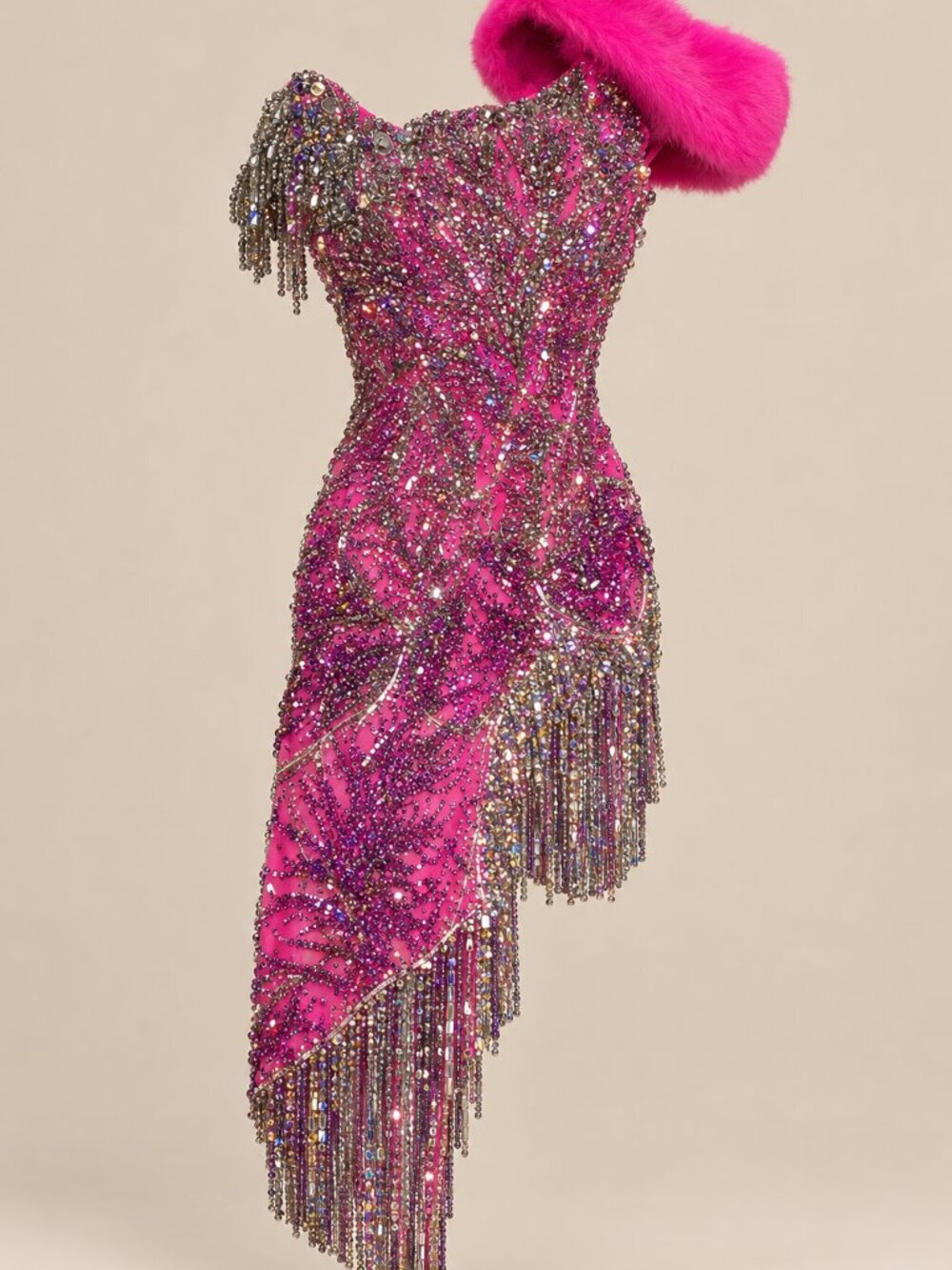 Couture Luxury Swarovski Crystals Runway Fringes Mink Fur Cocktail Evening Dress